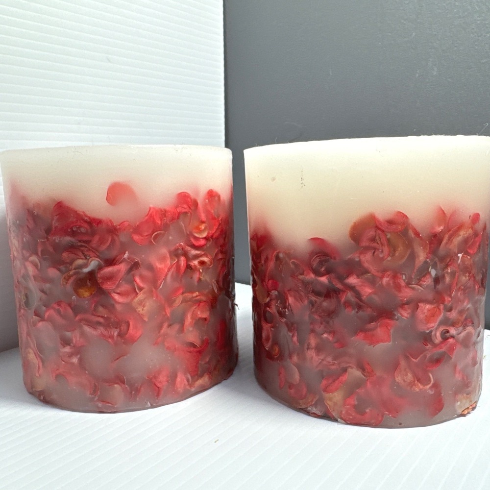 Vintage Florasense Red Velvet Rose Botanical Pillar Candles Pair 4x4 NEW UNBURNT